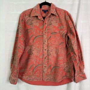 Lands End Vintage Orange Red Botanical Print Flannel Shirt Med